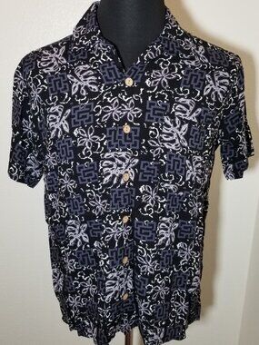 Kennington Ltd. Mens M Black Hawaiian Button Up Shirt Palm Leaves Floral Island